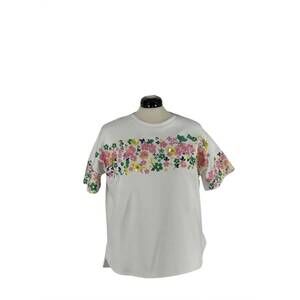 NEW CURATED BASICS women's embroidered short sleeve top in wh/grn/pk